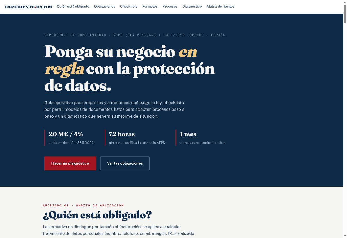 Portada de la herramienta Expediente de cumplimiento RGPD, con acceso a diagnóstico y obligaciones